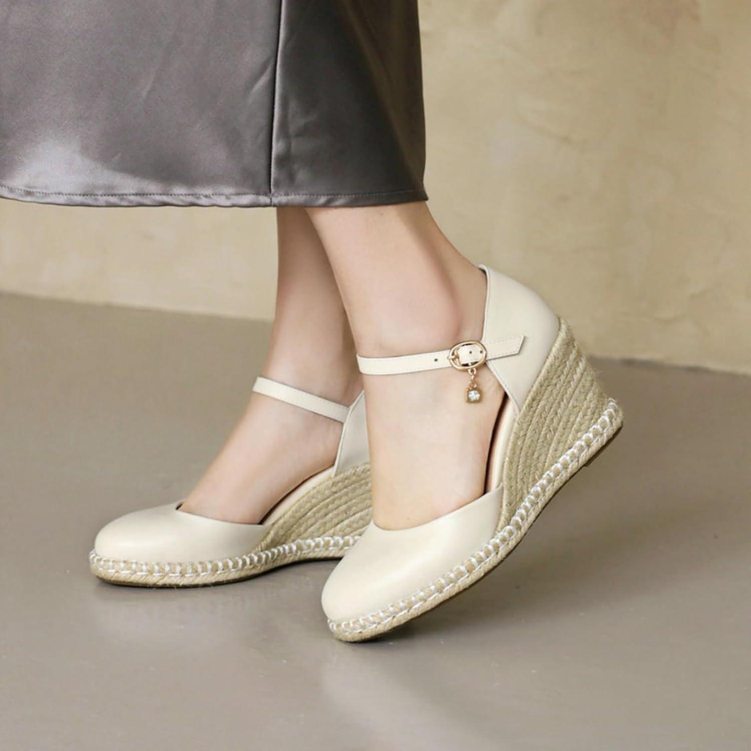 imageFemmes Ferm Bout Rond Sandales Dt Cheville Bride Robe Escarpins avec Boucle Mode Compense Plateforme SandalesBeige2