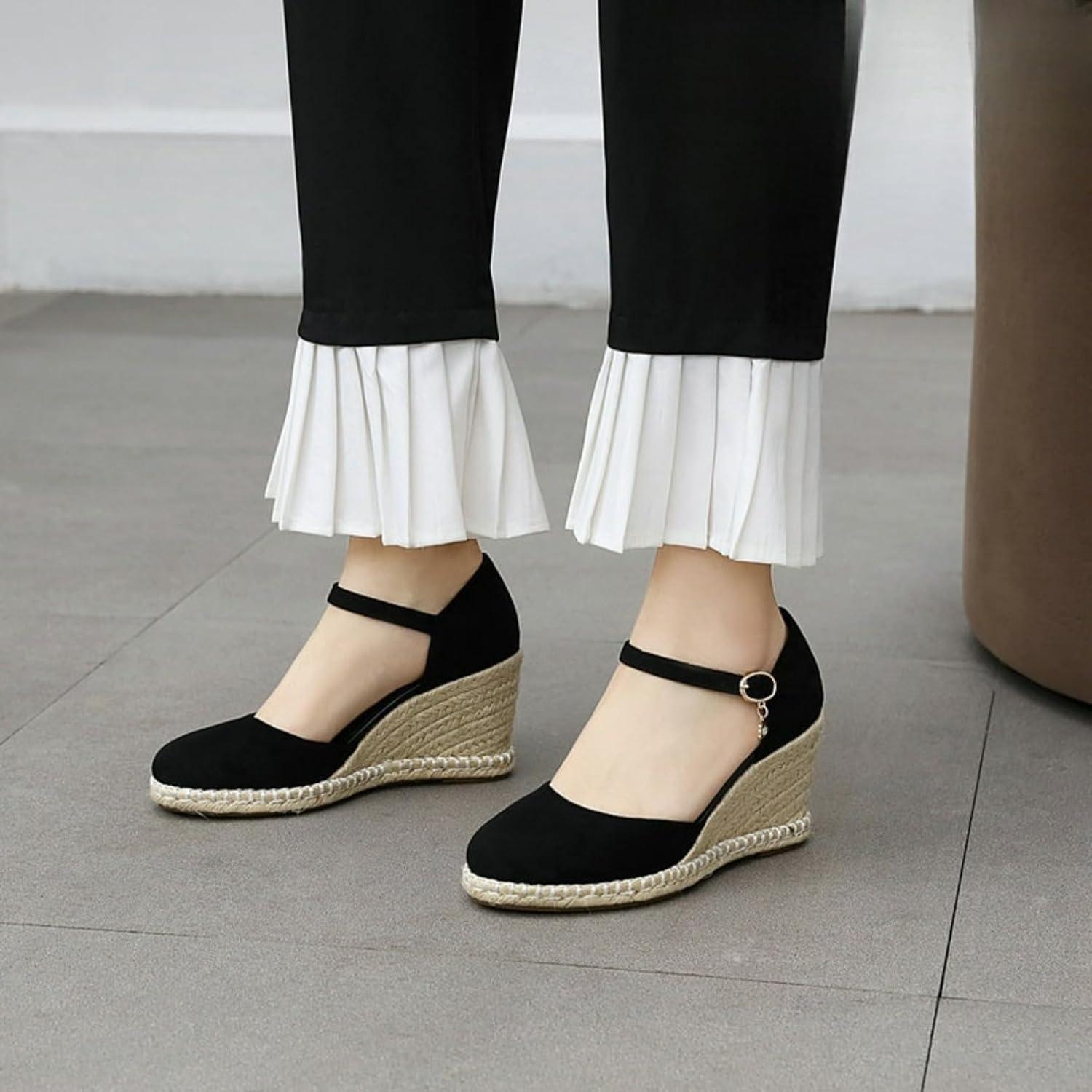 imageFemmes Ferm Bout Rond Sandales Dt Cheville Bride Robe Escarpins avec Boucle Mode Compense Plateforme SandalesBlack1