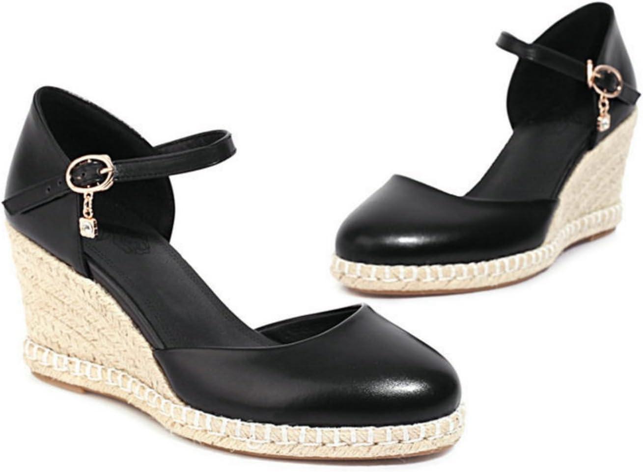 imageFemmes Ferm Bout Rond Sandales Dt Cheville Bride Robe Escarpins avec Boucle Mode Compense Plateforme SandalesBlack2