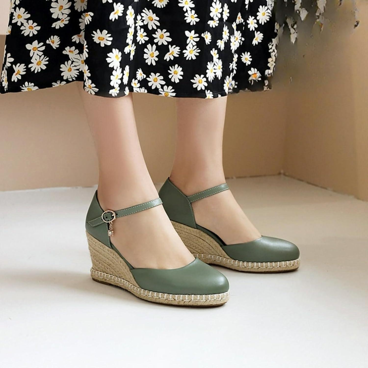 imageFemmes Ferm Bout Rond Sandales Dt Cheville Bride Robe Escarpins avec Boucle Mode Compense Plateforme SandalesGreen Vert