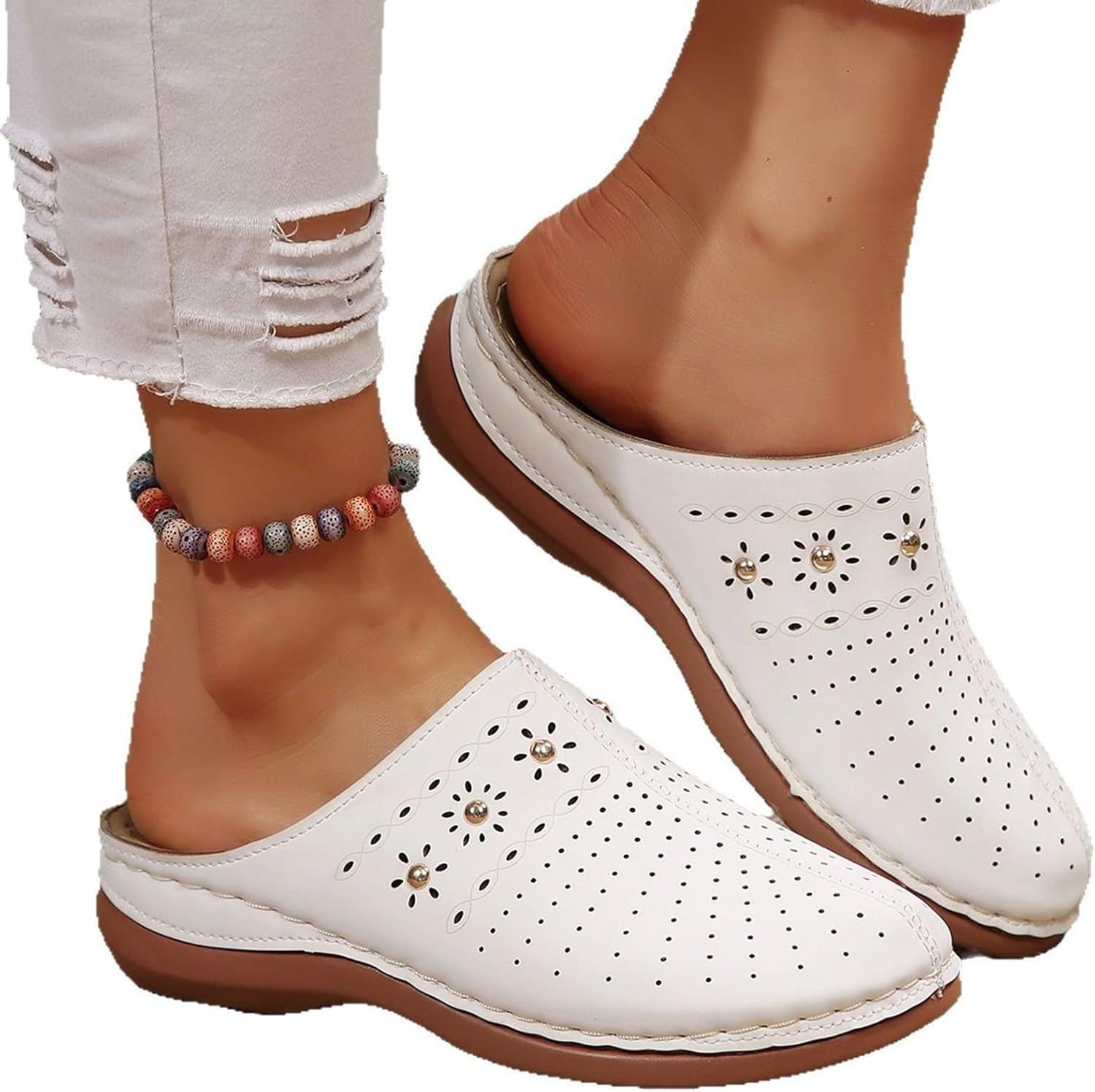 imageMules compenses bout ferm pour femme Sabots confortables enfiler Sandales de marche dt creuses Chaussures orthopdiques respirantes avec soutien de la vote plantaire Pour intrieurBlanc