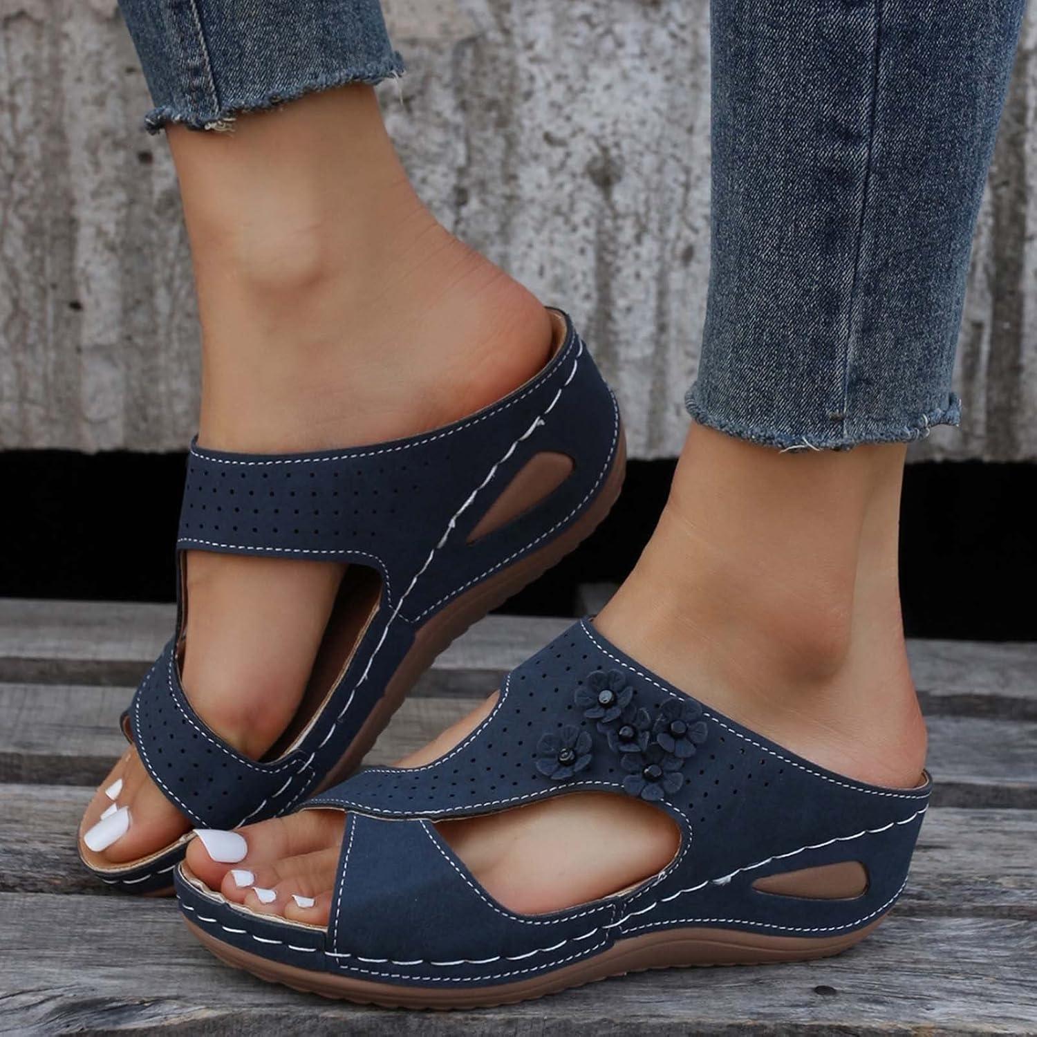 imageMules en Cuir pour Femme Sandales Mode Bout Ouvert Compenses Plateforme Pantoufles Premium Orthopdiques Sandales Vintage Chaussons de Plage dt03 Bleu Fonc