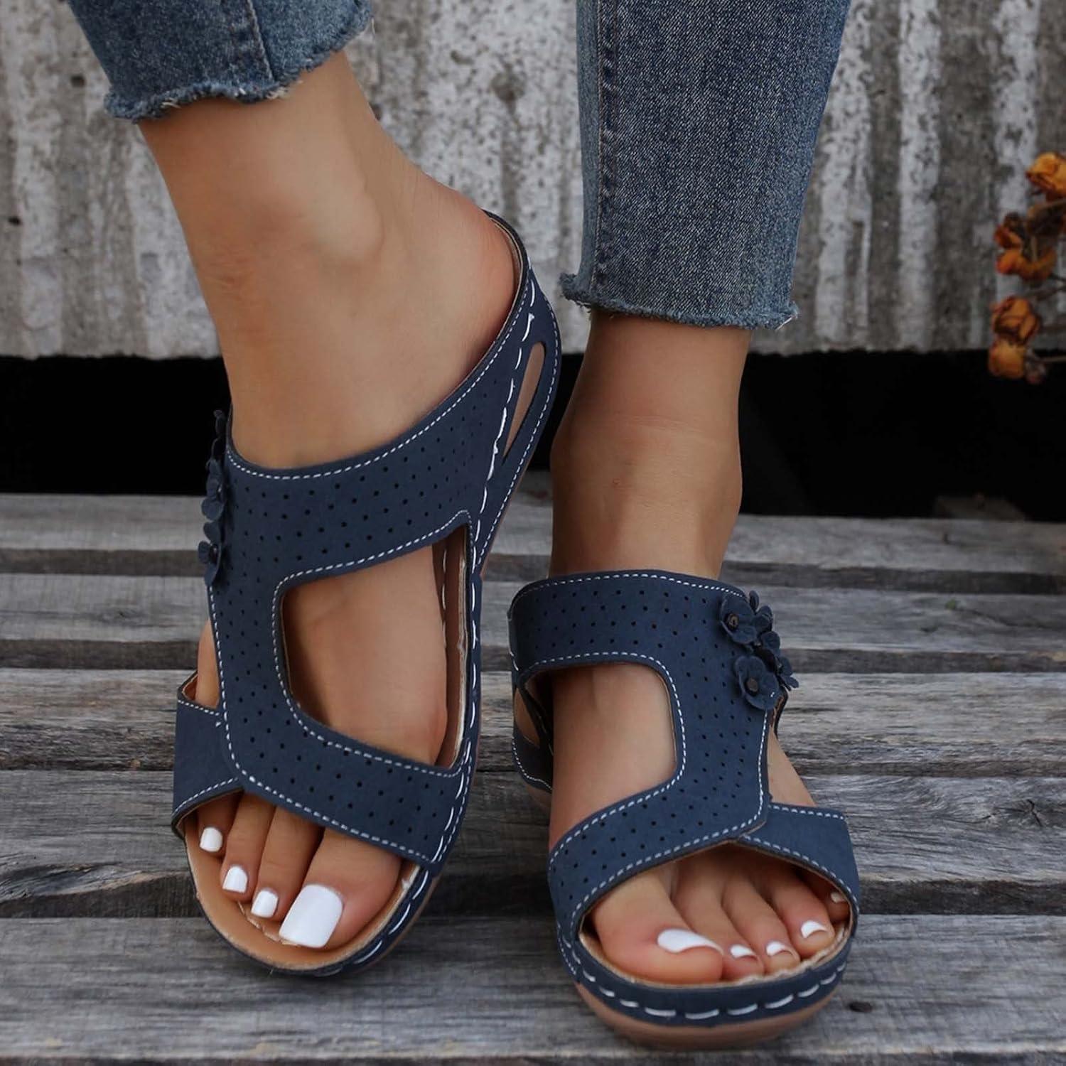 imageMules en Cuir pour Femme Sandales Mode Bout Ouvert Compenses Plateforme Pantoufles Premium Orthopdiques Sandales Vintage Chaussons de Plage dt03 Bleu Fonc