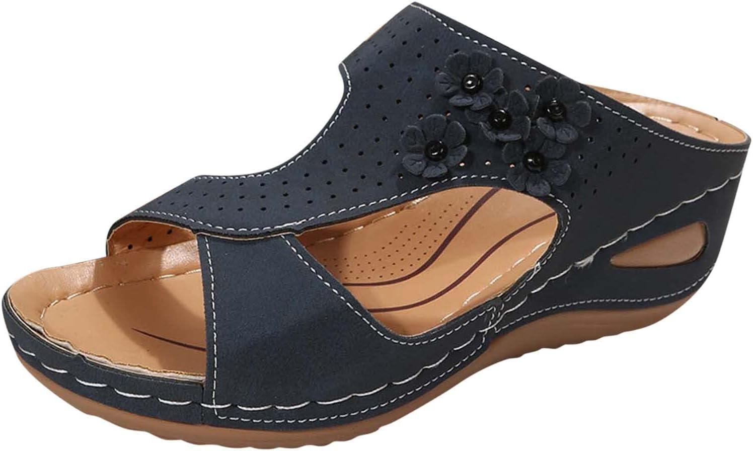 imageMules en Cuir pour Femme Sandales Mode Bout Ouvert Compenses Plateforme Pantoufles Premium Orthopdiques Sandales Vintage Chaussons de Plage dt03 Bleu Fonc