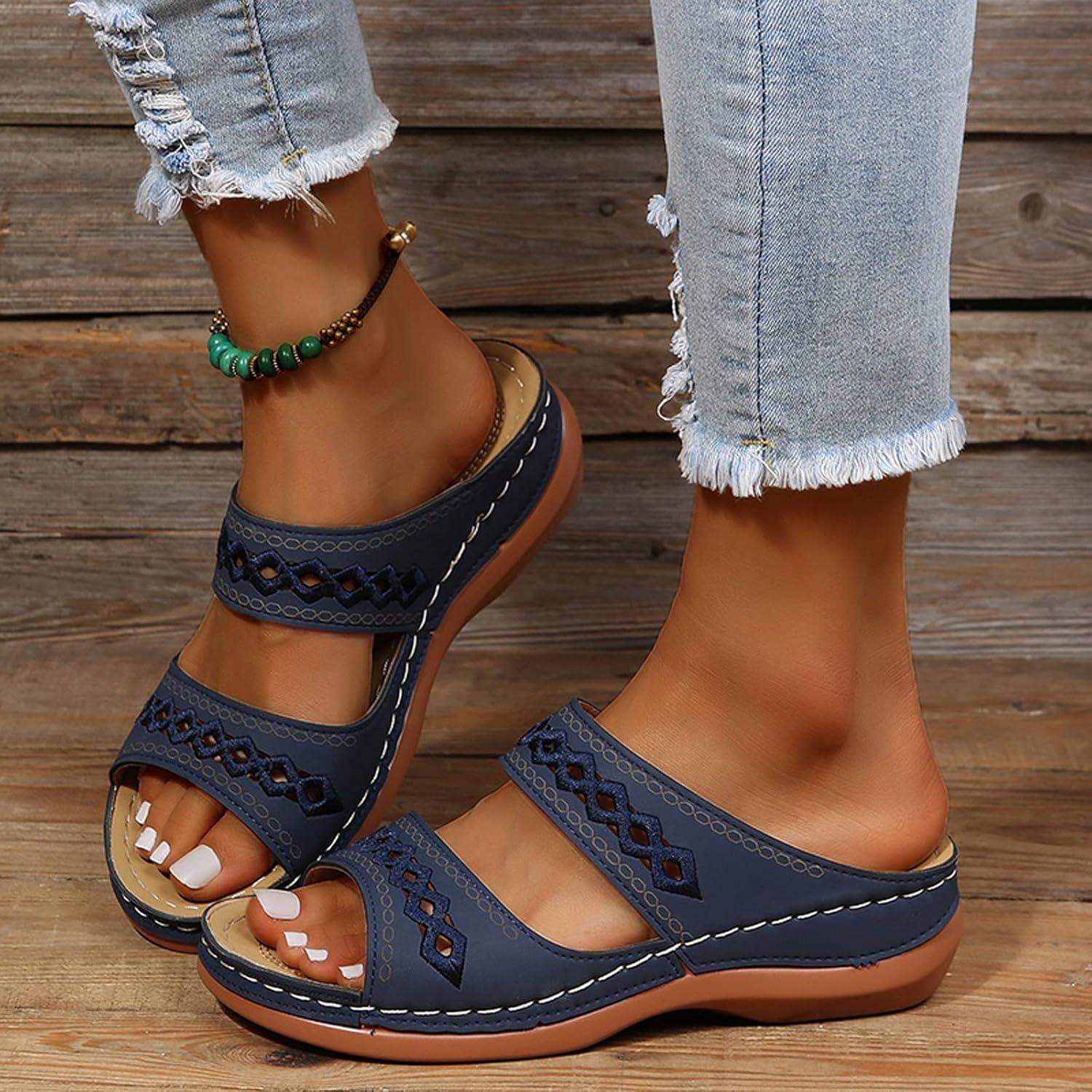 imageMules en Cuir pour Femme Sandales Mode Bout Ouvert Compenses Plateforme Pantoufles Premium Orthopdiques Sandales Vintage Chaussons de Plage dt08 Bleu Fonc