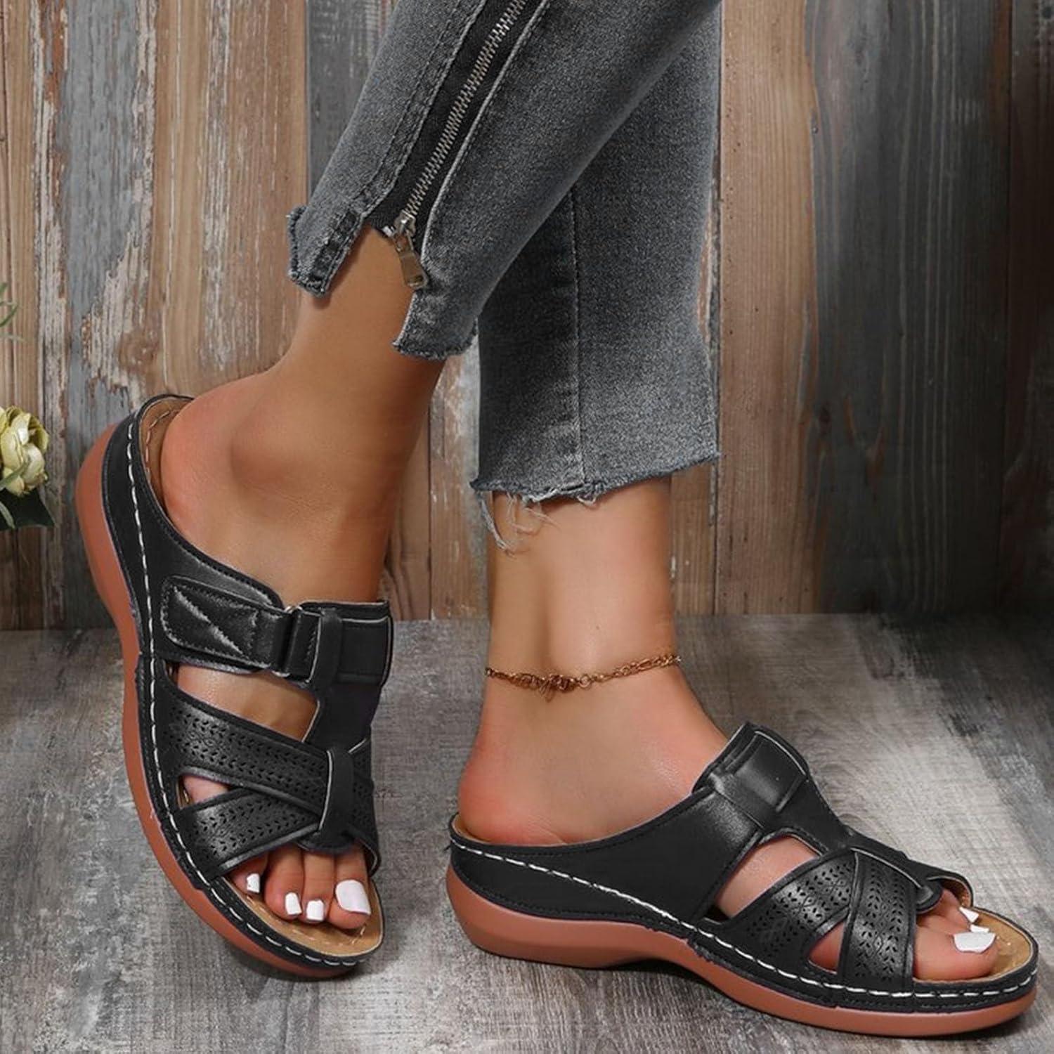 imagePantoufles orthopdiques pour femme Talon compens Mules confortables pour femme En cuir souple Lit de pied souple Sandales de marche avec soutien de la vote plantaire Sandales dtNoir