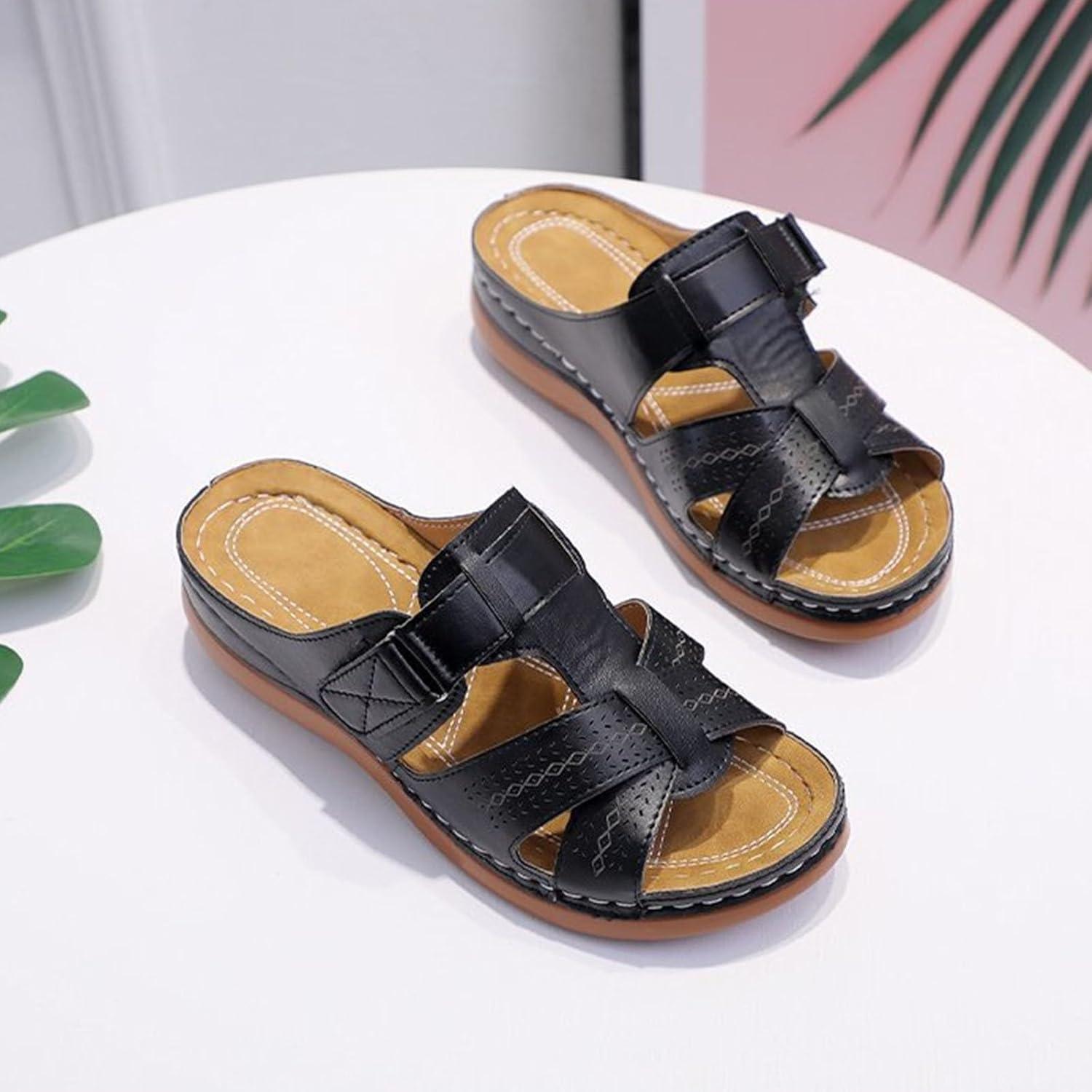 imagePantoufles orthopdiques pour femme Talon compens Mules confortables pour femme En cuir souple Lit de pied souple Sandales de marche avec soutien de la vote plantaire Sandales dtNoir