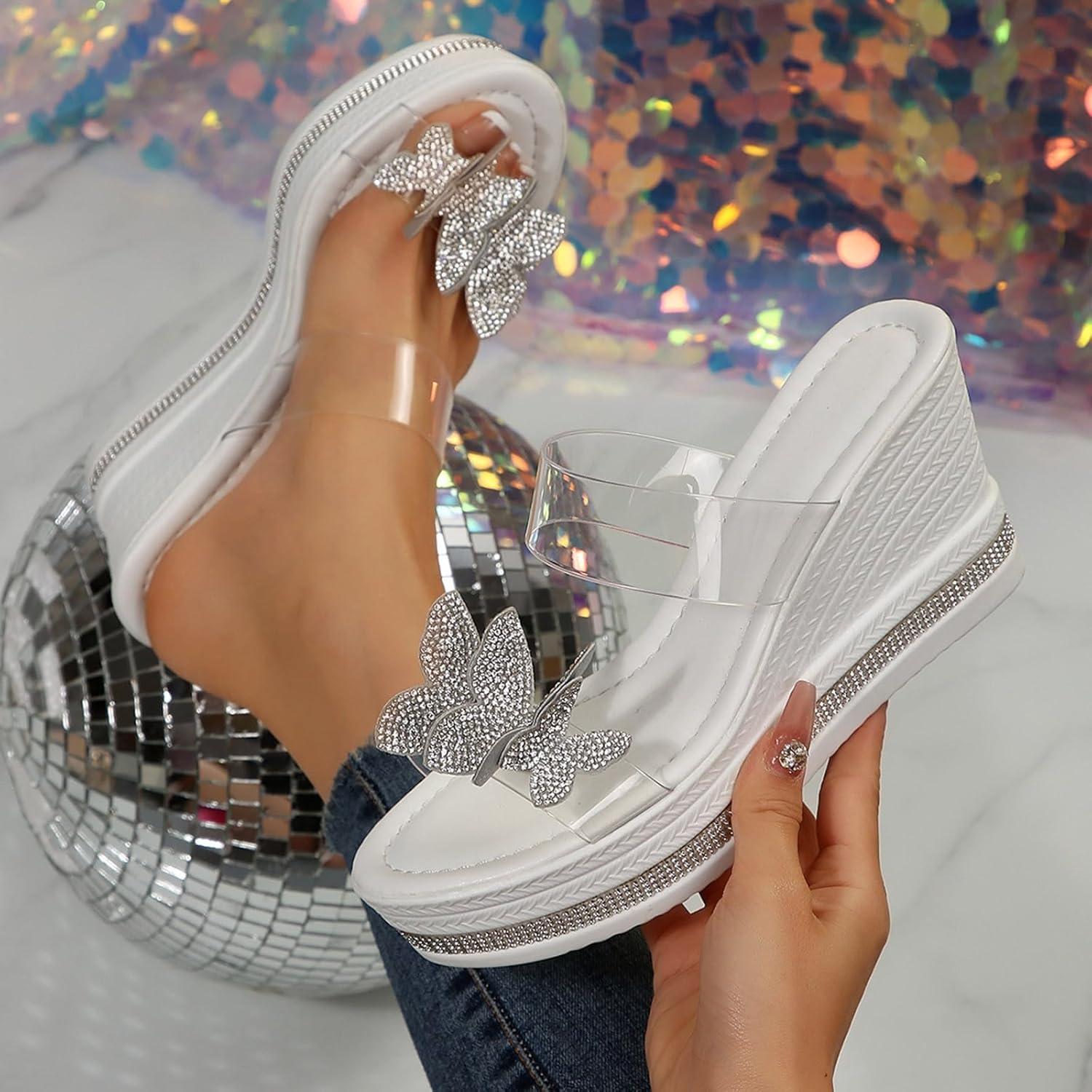 imageSandales plateforme pour femme avec talon compens Sandales avec papillon et strass lgantes Sandales dt lastiques1 Blanc