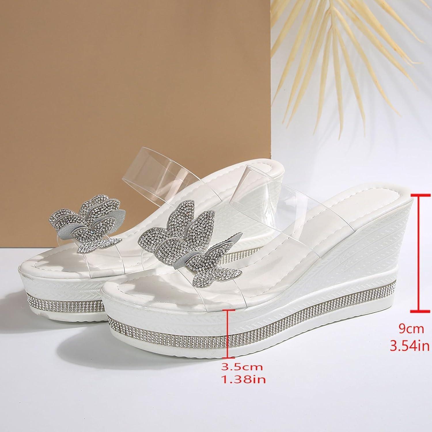 imageSandales plateforme pour femme avec talon compens Sandales avec papillon et strass lgantes Sandales dt lastiques1 Blanc