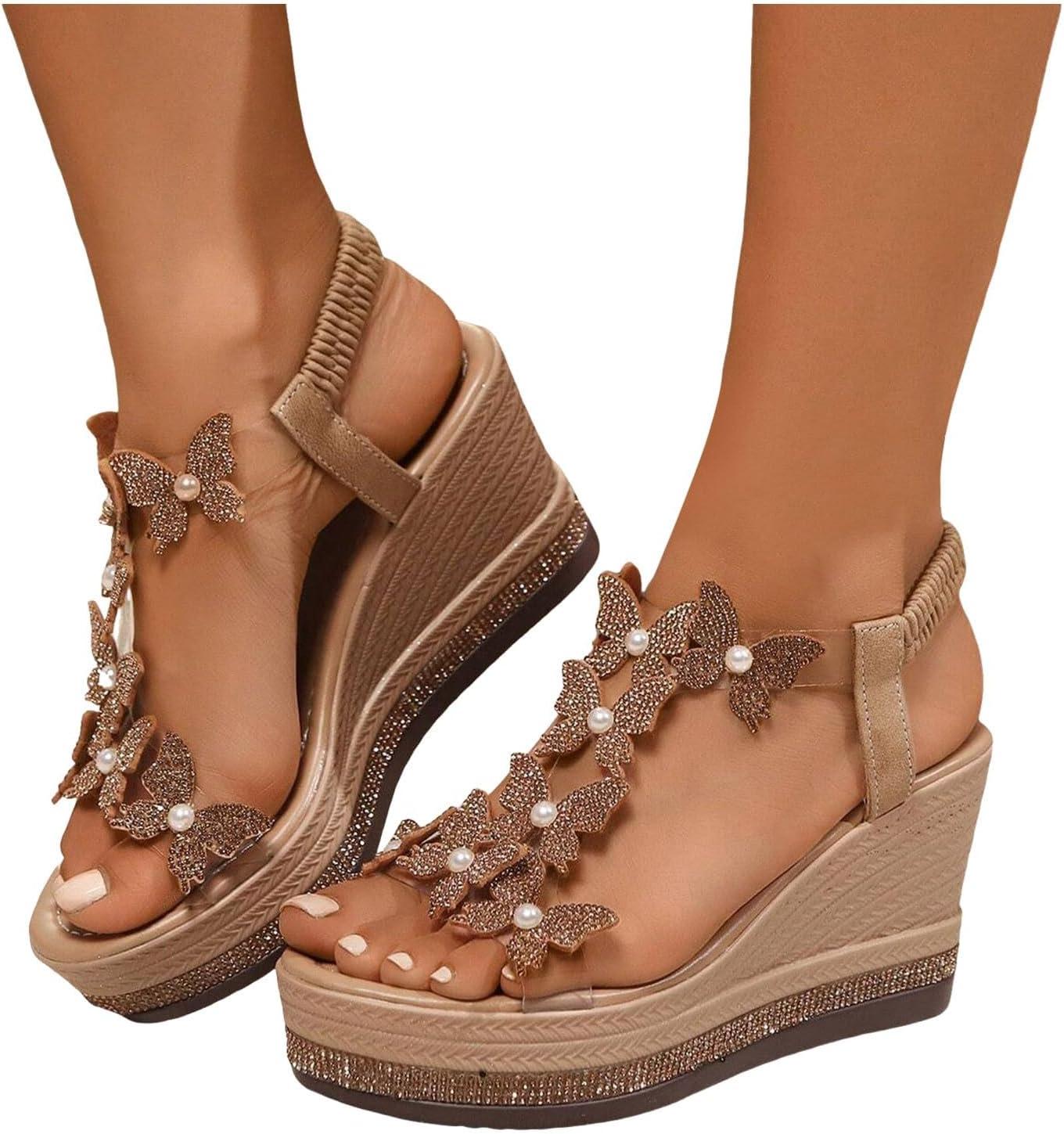 imageSandales plateforme pour femme avec talon compens Sandales avec papillon et strass lgantes Sandales dt lastiquesKaki