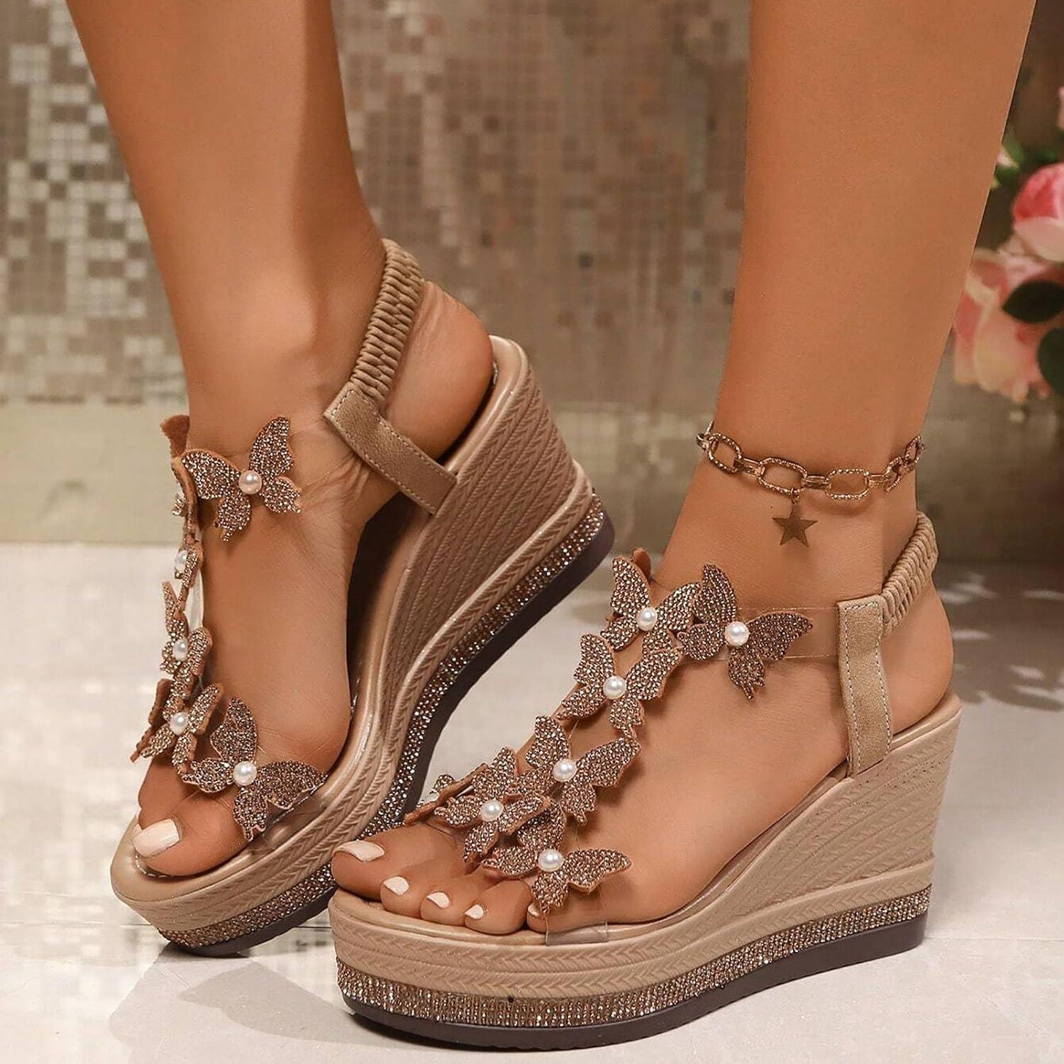imageSandales plateforme pour femme avec talon compens Sandales avec papillon et strass lgantes Sandales dt lastiquesKaki