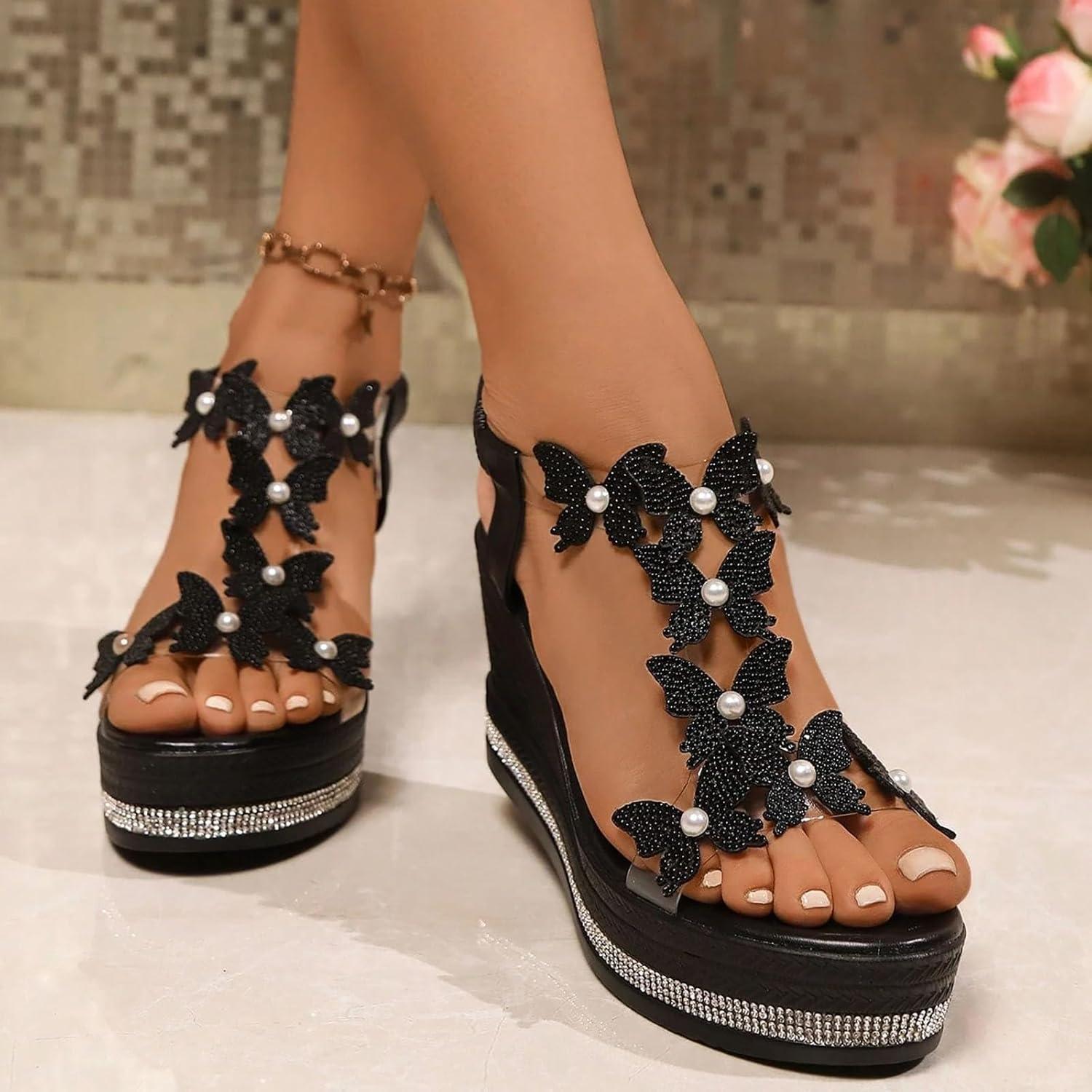 imageSandales plateforme pour femme avec talon compens Sandales avec papillon et strass lgantes Sandales dt lastiquesNoir