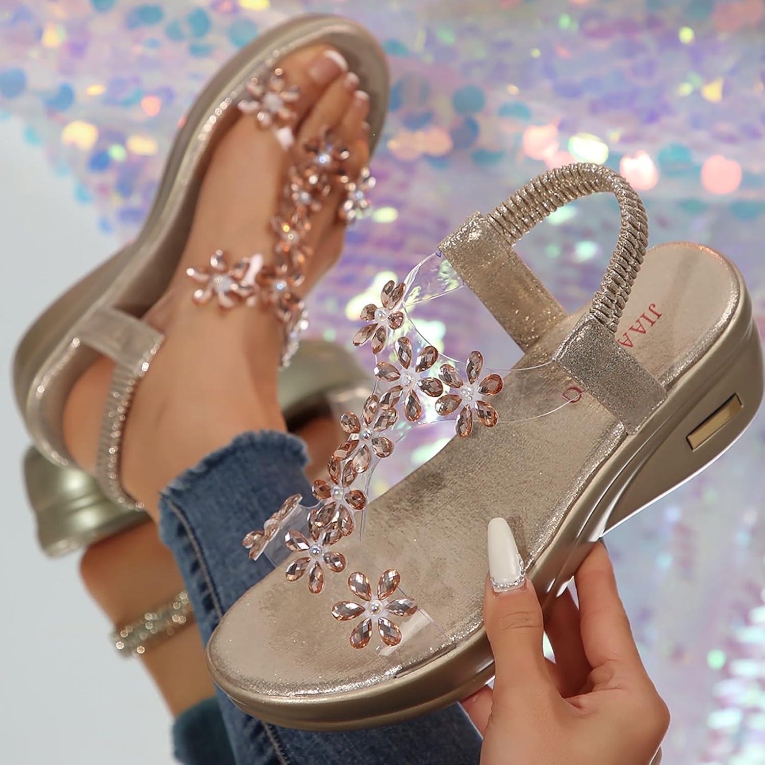 imageSandales plateforme pour femme avec talon compens Sandales avec papillon et strass lgantes Sandales dt lastiquesX2 Dor