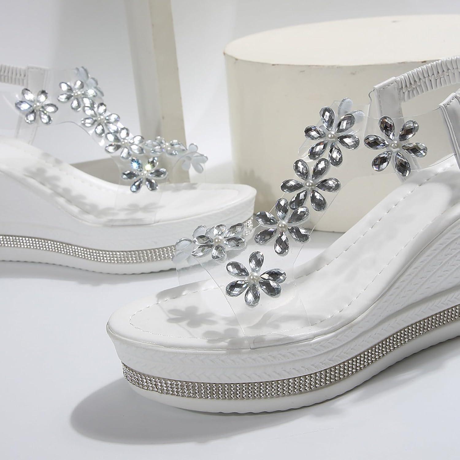 imageSandales plateforme pour femme avec talon compens Sandales avec papillon et strass lgantes Sandales dt lastiquesX3 Blanc