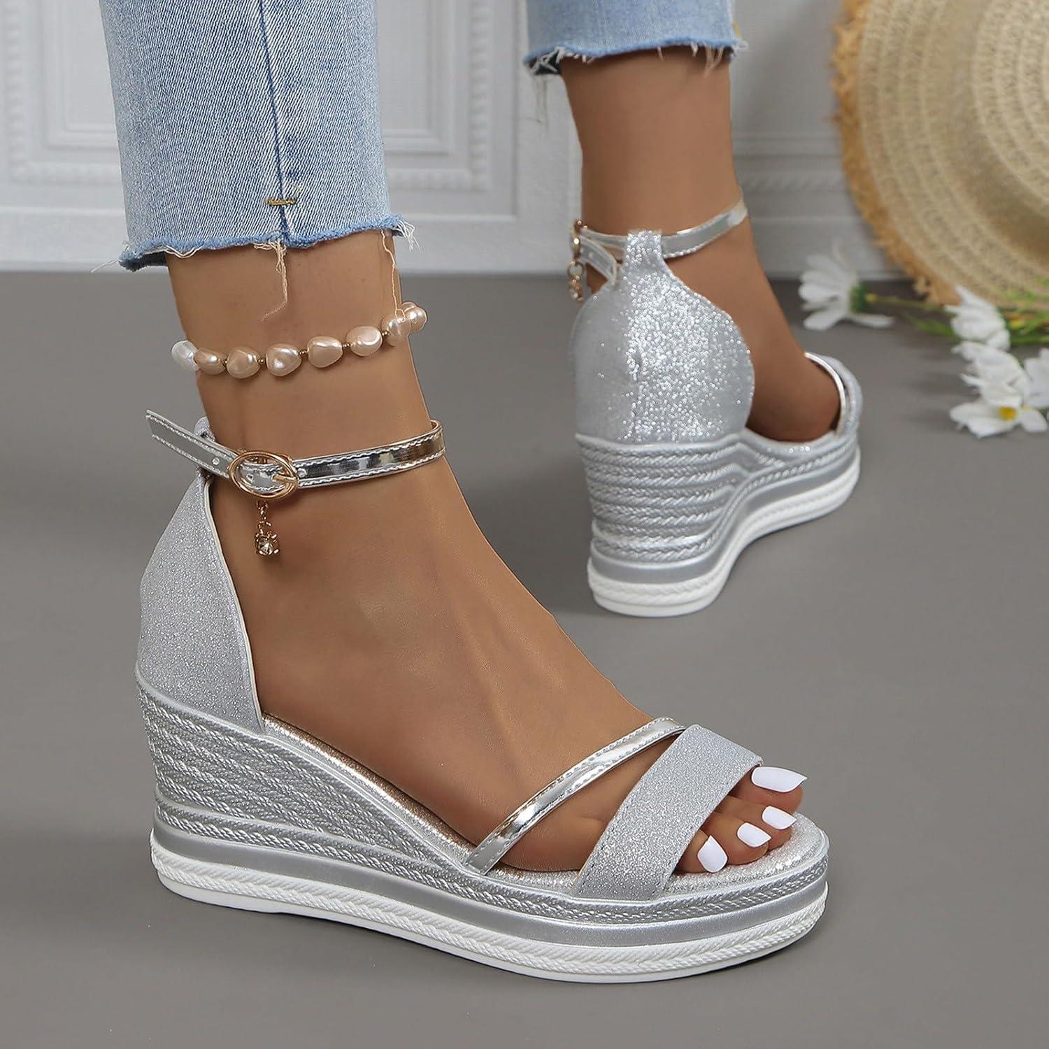 imageSandales talon compens confortables pour femme Sandales compenses pour femme Semelle plate Lgres Avec lanires fermes Chaussures de plage Sandales lanires Talon dcontractArgent