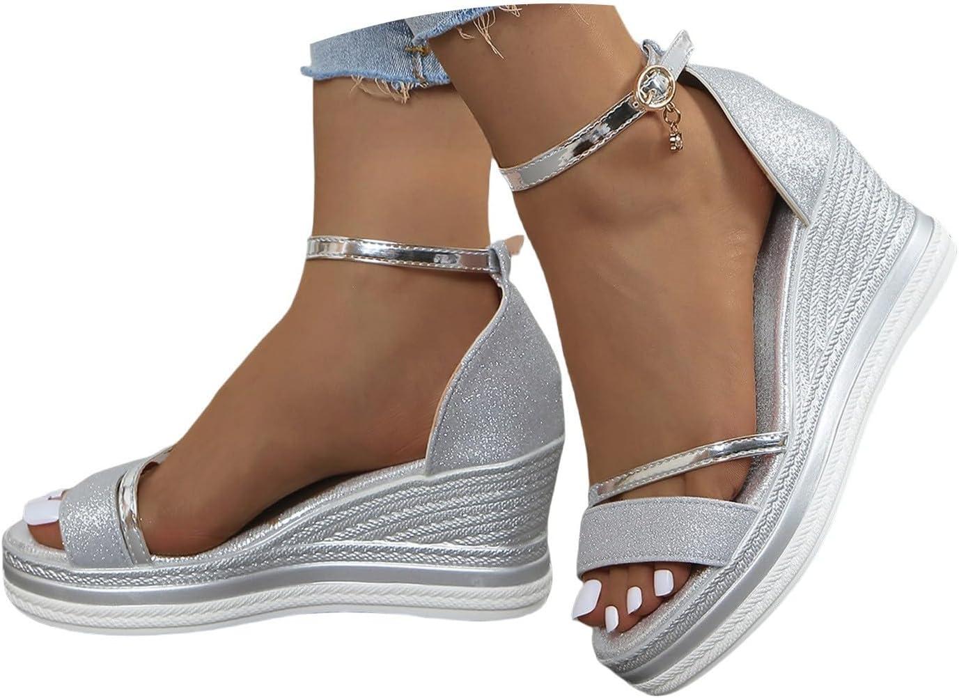 imageSandales talon compens confortables pour femme Sandales compenses pour femme Semelle plate Lgres Avec lanires fermes Chaussures de plage Sandales lanires Talon dcontractArgent