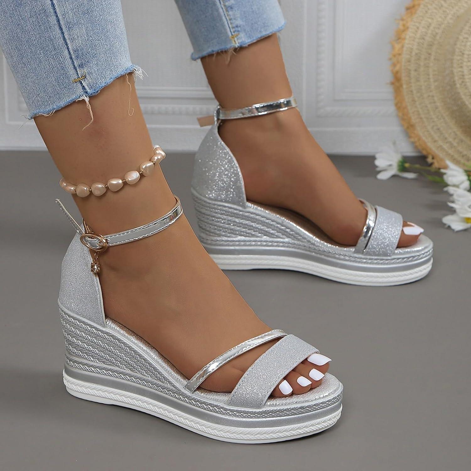 imageSandales talon compens confortables pour femme Sandales compenses pour femme Semelle plate Lgres Avec lanires fermes Chaussures de plage Sandales lanires Talon dcontractArgent