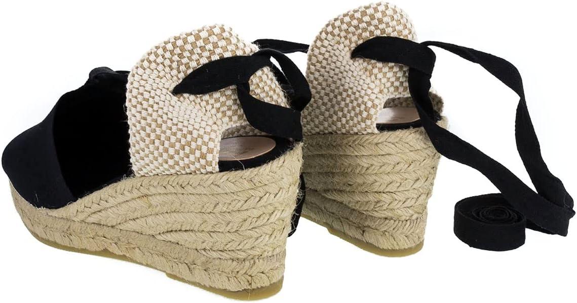 imageSandales Compenses pour Femme Classiques en Sparte Jute Bandes de Cheville Fabriqu en Espagne Semelle Intrieure Rembourre en Tissu Fermeture Bandes de ChevilleNoir