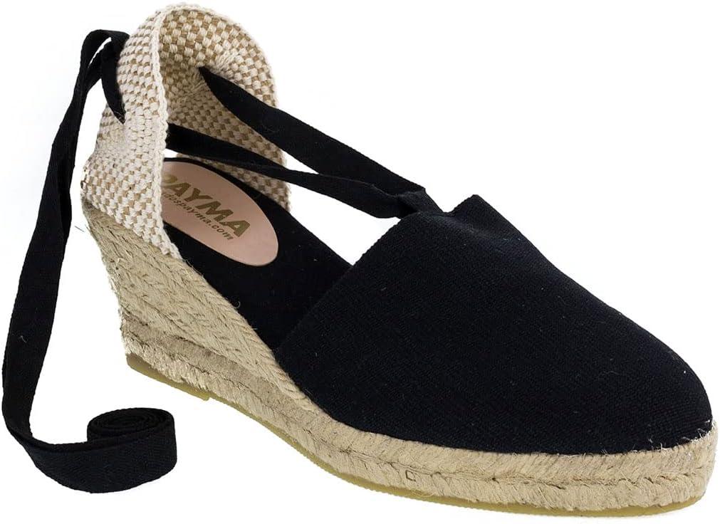 imageSandales Compenses pour Femme Classiques en Sparte Jute Bandes de Cheville Fabriqu en Espagne Semelle Intrieure Rembourre en Tissu Fermeture Bandes de ChevilleNoir