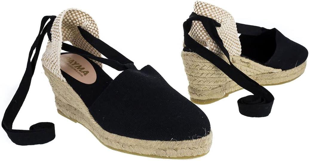 imageSandales Compenses pour Femme Classiques en Sparte Jute Bandes de Cheville Fabriqu en Espagne Semelle Intrieure Rembourre en Tissu Fermeture Bandes de ChevilleNoir