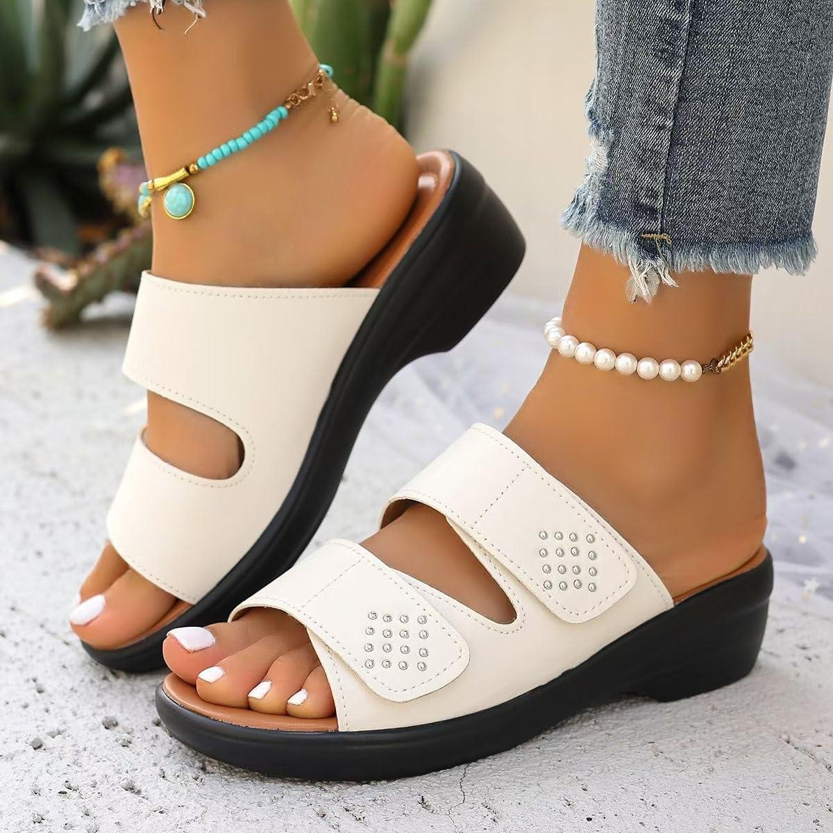 imageSandales Femmes Orthopdique Compenses Sandale Confortable De Plage Pantoufles Femme Ete Respirantes Semelles paisses AntiDrapant Chaussures Bohemia Sandals Scratch SoldeBlanc