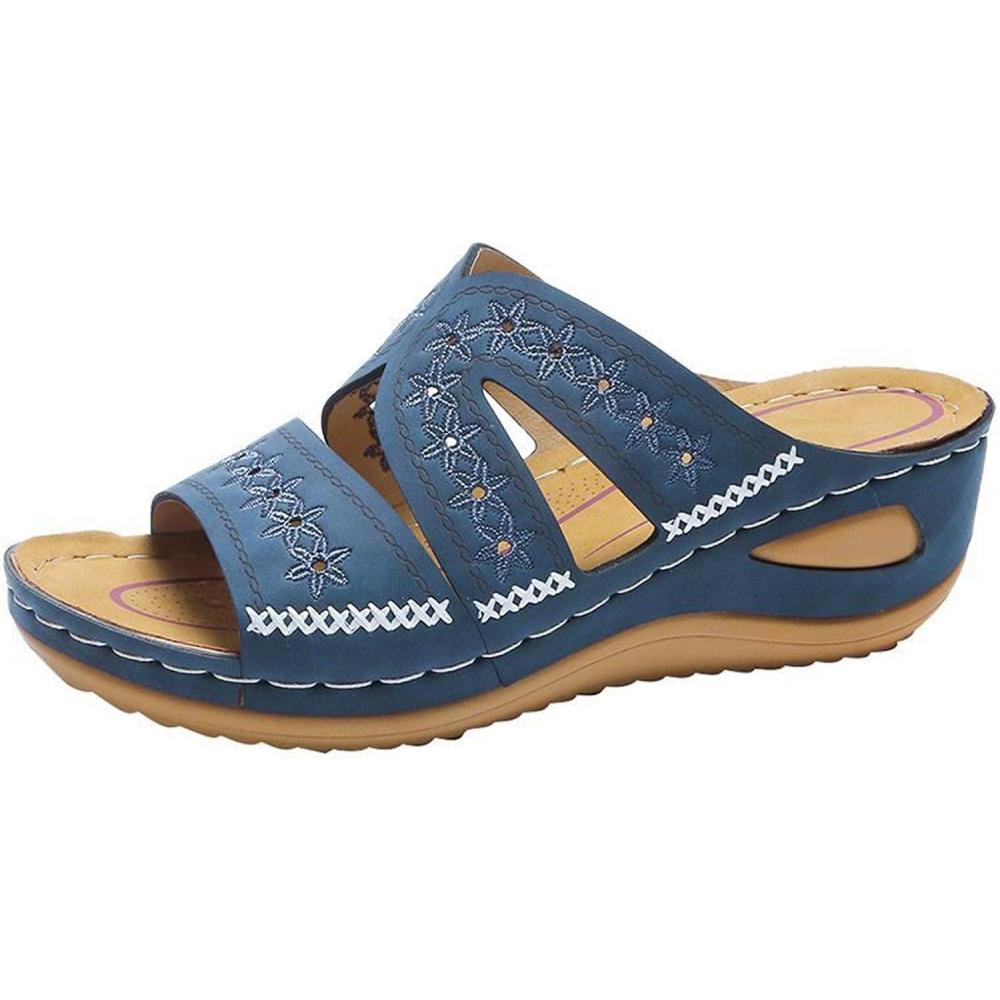 image2025 Sandales Orthopdiques pour Femmes Mules en Cuir Bohme Bout Ouvert Plateforme Pantoufles Compenses Pas Cher Chaussons Dt Confortables Respirantes Sandales Vintage Mode Chaussures de PlageA02 Bleu