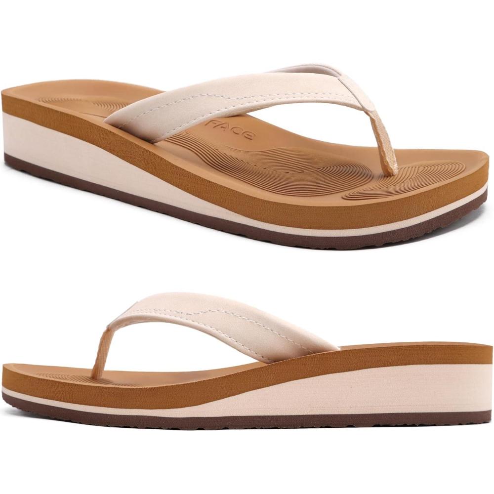 imageCOFACE Femmes Tongs Mode Sandales Tong Compensees t Plage Piscine et Vacances avec Tapis de Yoga ConfortableKaki Blanc