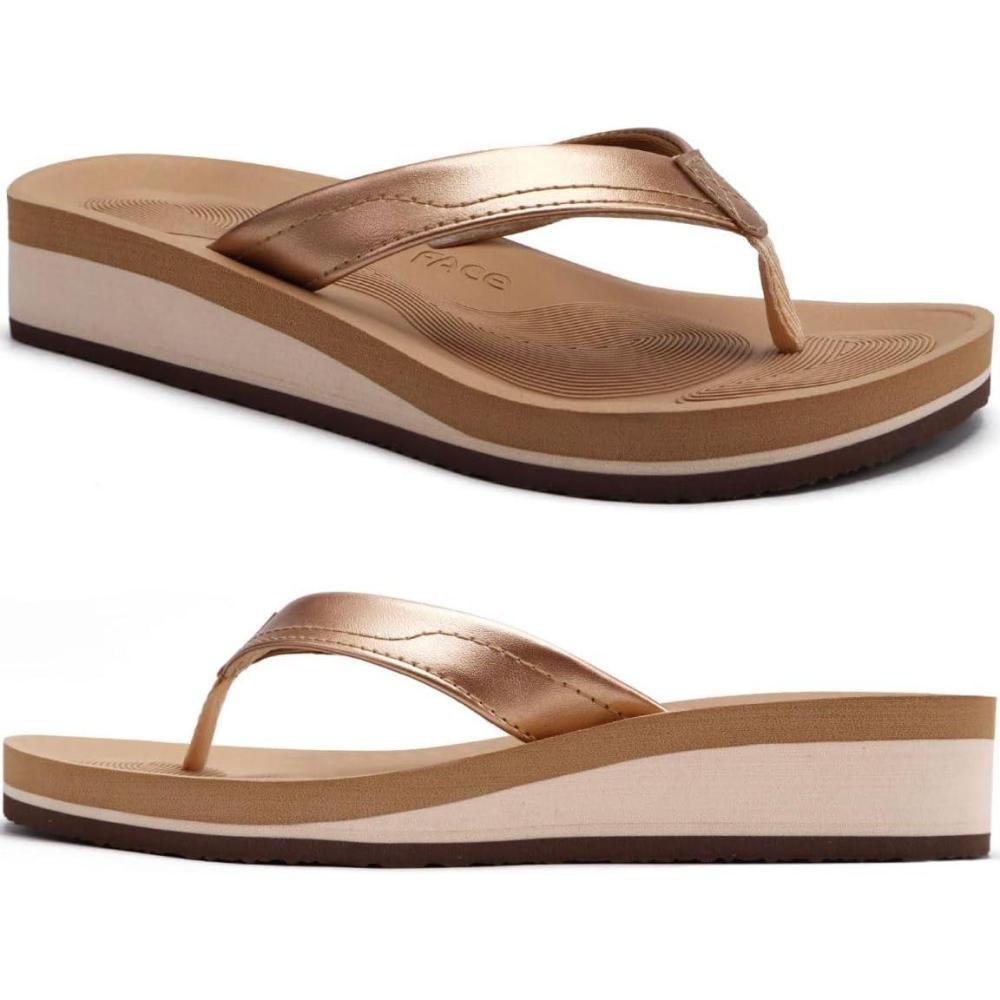 imageCOFACE Femmes Tongs Mode Sandales Tong Compensees t Plage Piscine et Vacances avec Tapis de Yoga ConfortableKaki Or