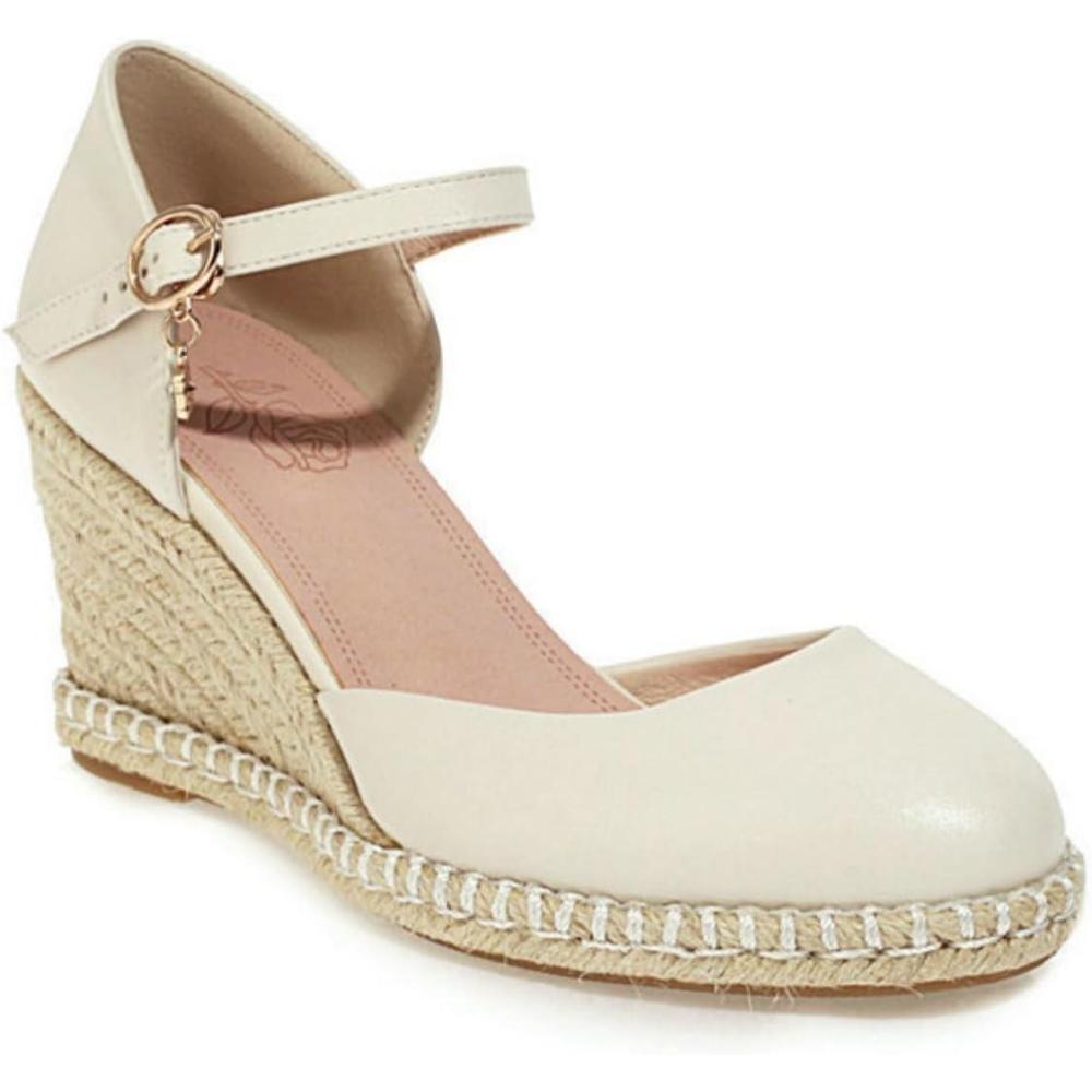 imageFemmes Ferm Bout Rond Sandales Dt Cheville Bride Robe Escarpins avec Boucle Mode Compense Plateforme SandalesBeige2
