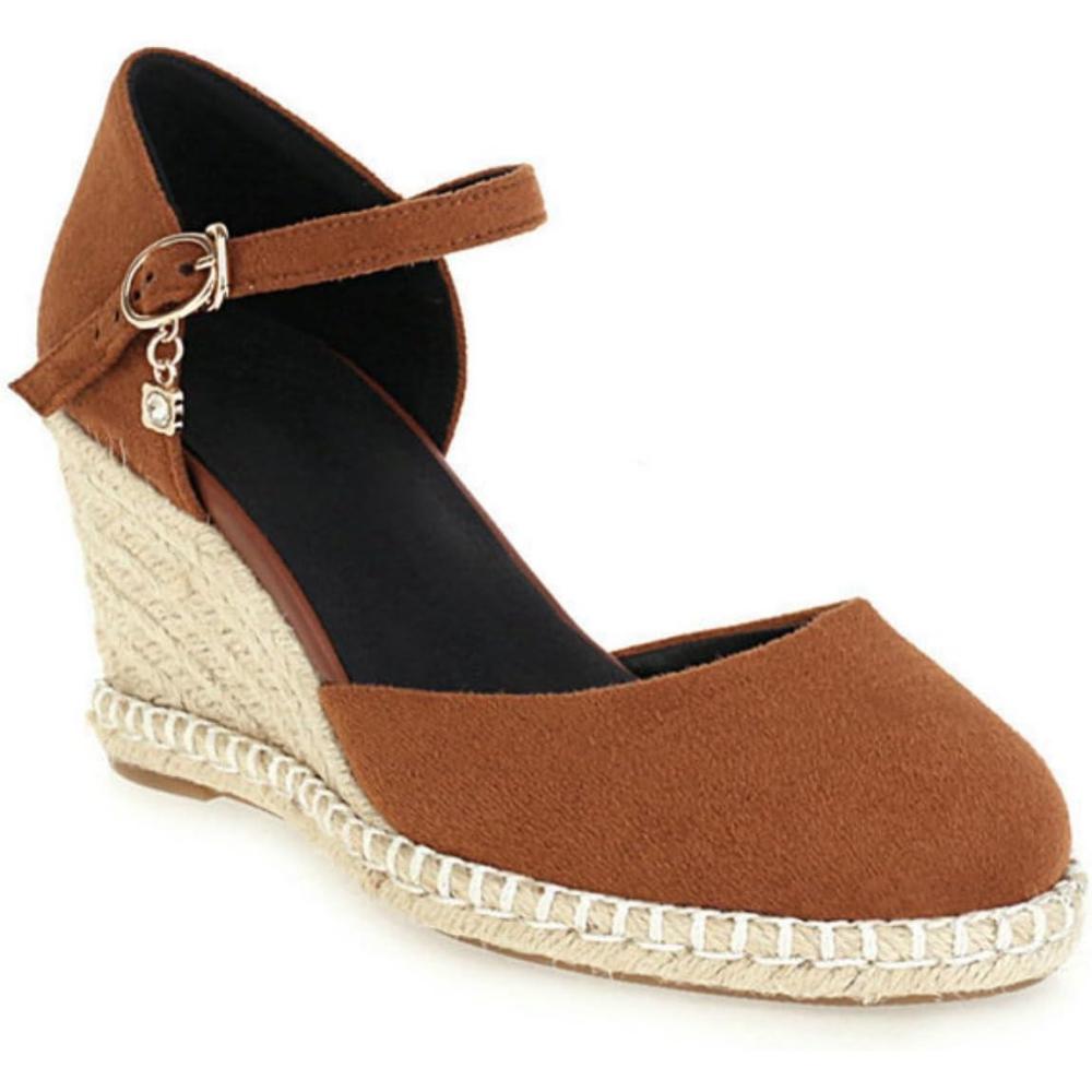 imageFemmes Ferm Bout Rond Sandales Dt Cheville Bride Robe Escarpins avec Boucle Mode Compense Plateforme SandalesBrown Marron