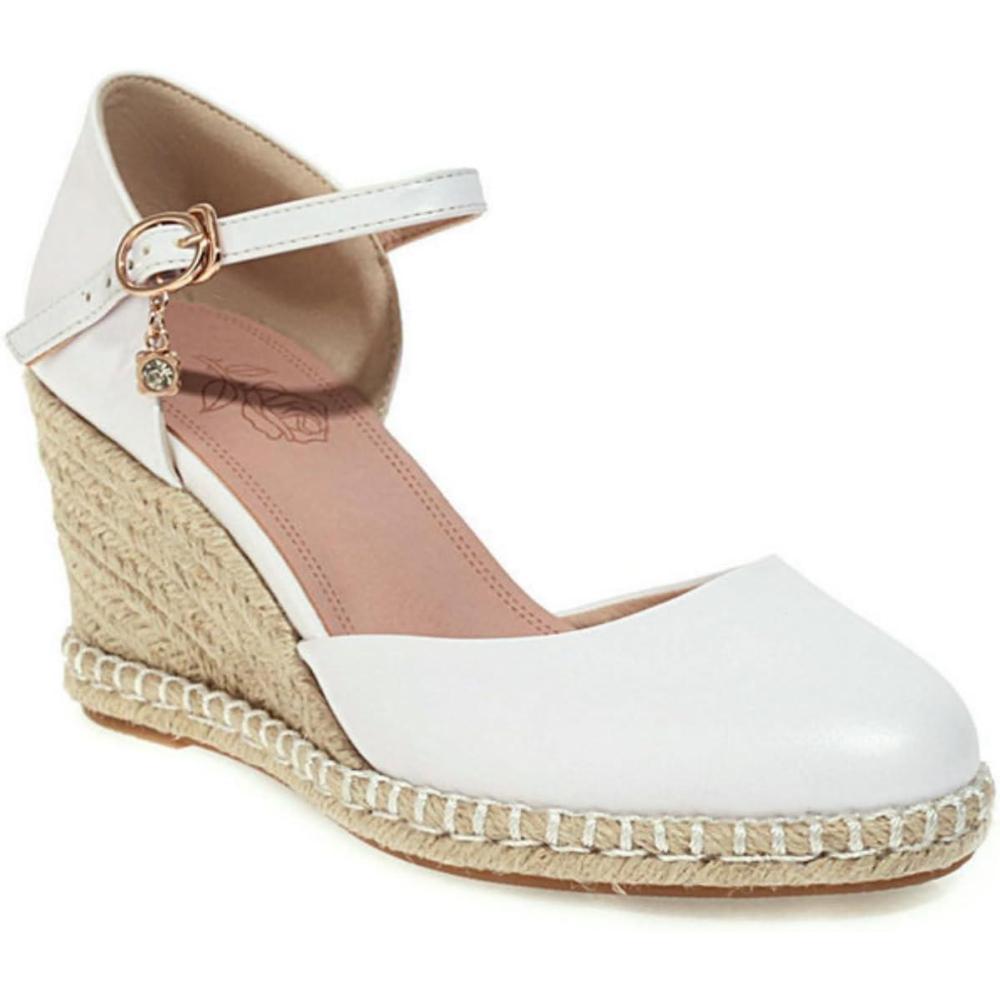 imageFemmes Ferm Bout Rond Sandales Dt Cheville Bride Robe Escarpins avec Boucle Mode Compense Plateforme SandalesWhite Blanc