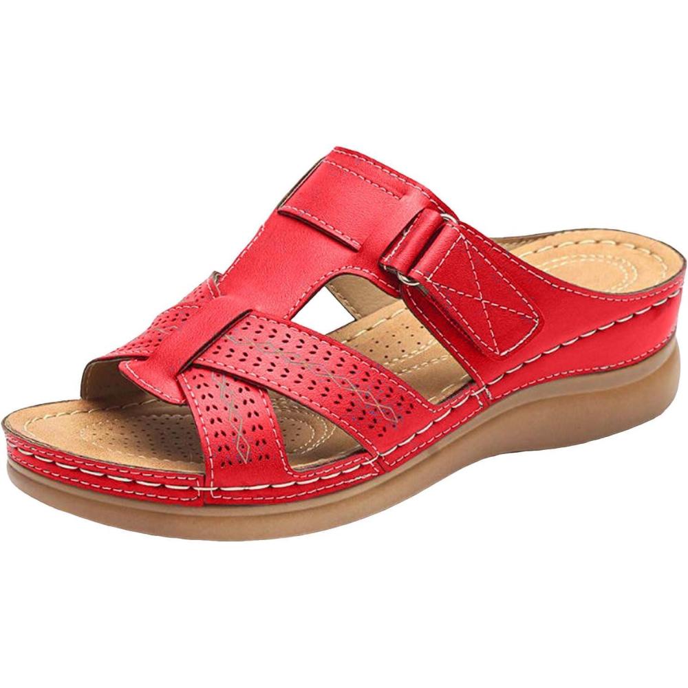 imageMules en Cuir pour Femme Sandales Mode Bout Ouvert Compenses Plateforme Pantoufles Premium Orthopdiques Sandales Vintage Chaussons de Plage dt01 Rouge01