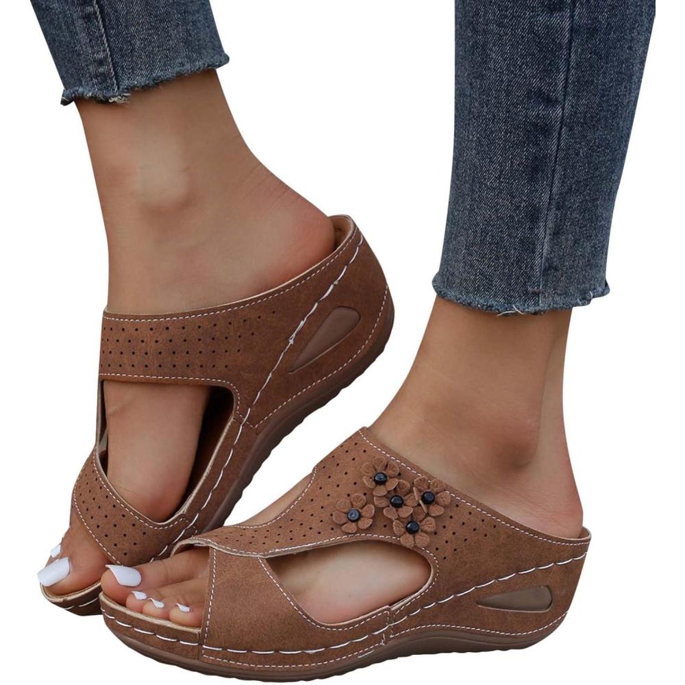 imageMules en Cuir pour Femme Sandales Mode Bout Ouvert Compenses Plateforme Pantoufles Premium Orthopdiques Sandales Vintage Chaussons de Plage dt03 Brun
