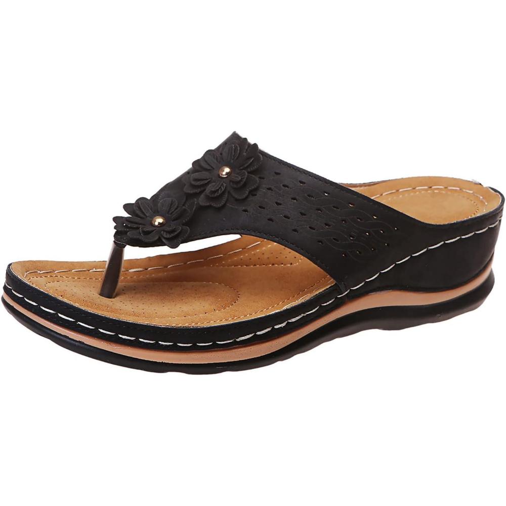 imageMules en Cuir pour Femme Sandales Mode Bout Ouvert Compenses Plateforme Pantoufles Premium Orthopdiques Sandales Vintage Chaussons de Plage dt06 Noir