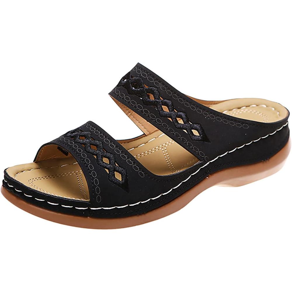 imageMules en Cuir pour Femme Sandales Mode Bout Ouvert Compenses Plateforme Pantoufles Premium Orthopdiques Sandales Vintage Chaussons de Plage dt08 Noir