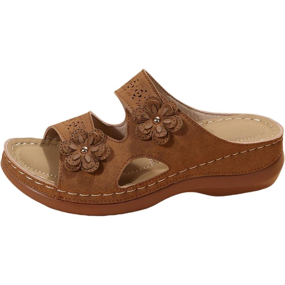imageMules en Cuir pour Femme Sandales Mode Bout Ouvert Compenses Plateforme Pantoufles Premium Orthopdiques Sandales Vintage Chaussons de Plage dt12 01 Brun