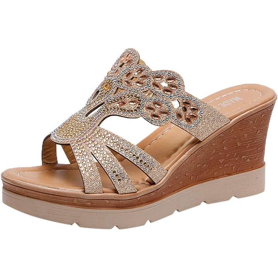 imagePantoufles dt paillettes pour femme Sandales compenses avec strass Sandales romaines Chaussures talons hauts Respirantes En maille lgantes Style bohmeOr