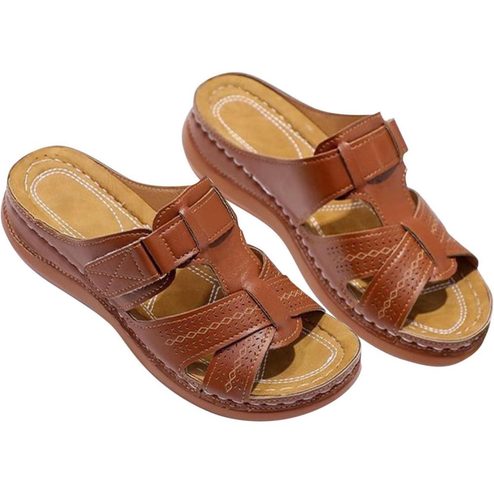 imagePantoufles orthopdiques pour femme Talon compens Mules confortables pour femme En cuir souple Lit de pied souple Sandales de marche avec soutien de la vote plantaire Sandales dtMarron