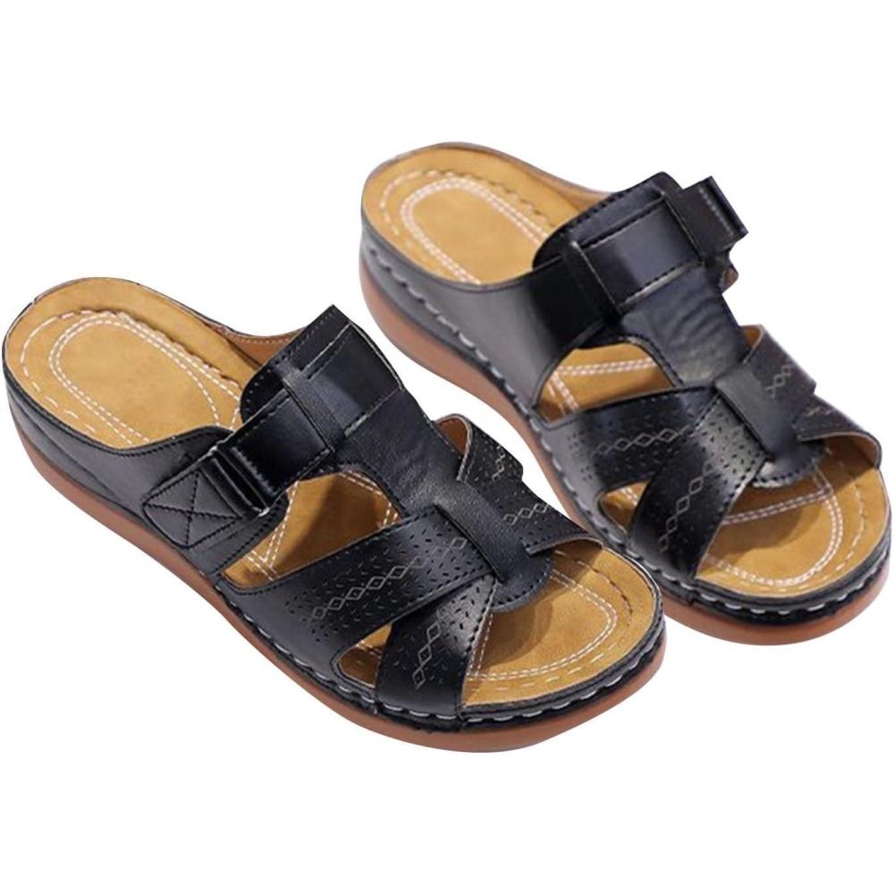 imagePantoufles orthopdiques pour femme Talon compens Mules confortables pour femme En cuir souple Lit de pied souple Sandales de marche avec soutien de la vote plantaire Sandales dtNoir