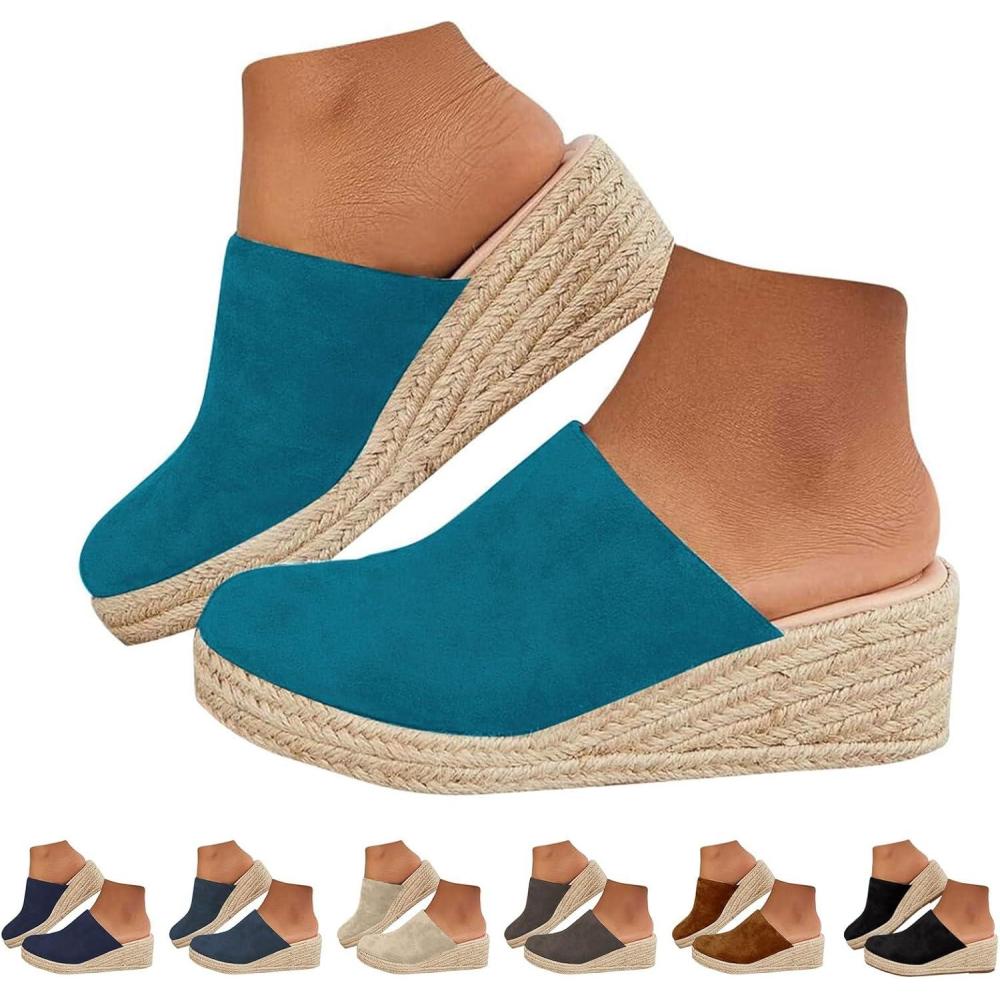 imageSandales bout ferm pour femme Sandales compenses talon haut Sabots de marche dos nu Mules antidrapantes et confortables En paille Fond pais Pantoufles lgres en daim Coupe largeGris