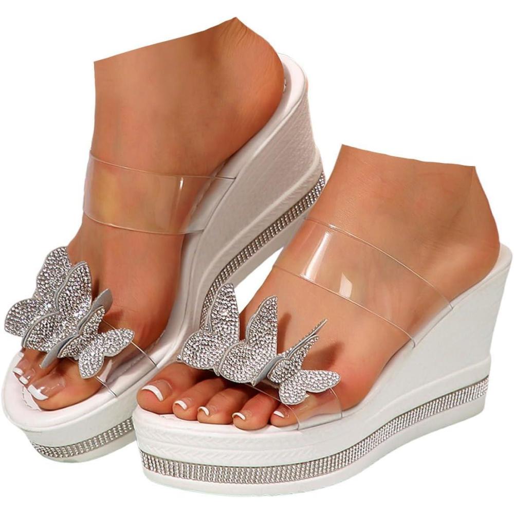 imageSandales plateforme pour femme avec talon compens Sandales avec papillon et strass lgantes Sandales dt lastiques1 Blanc