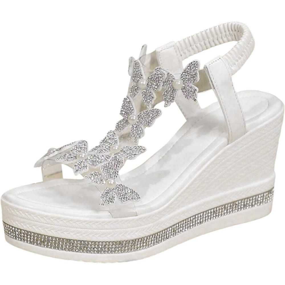 imageSandales plateforme pour femme avec talon compens Sandales avec papillon et strass lgantes Sandales dt lastiquesBlanc