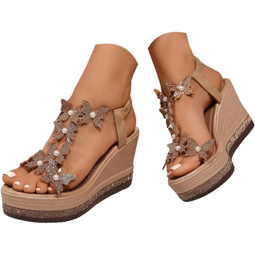 imageSandales plateforme pour femme avec talon compens Sandales avec papillon et strass lgantes Sandales dt lastiquesKaki