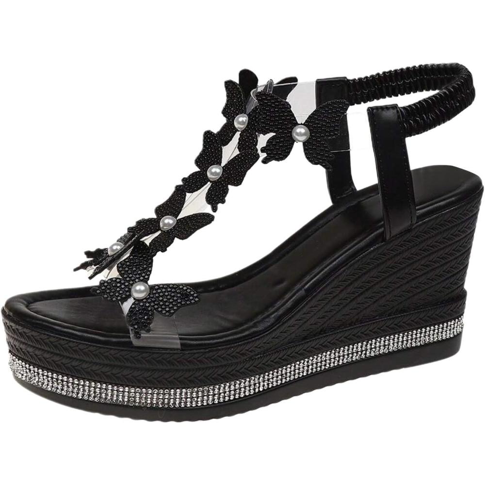 imageSandales plateforme pour femme avec talon compens Sandales avec papillon et strass lgantes Sandales dt lastiquesNoir