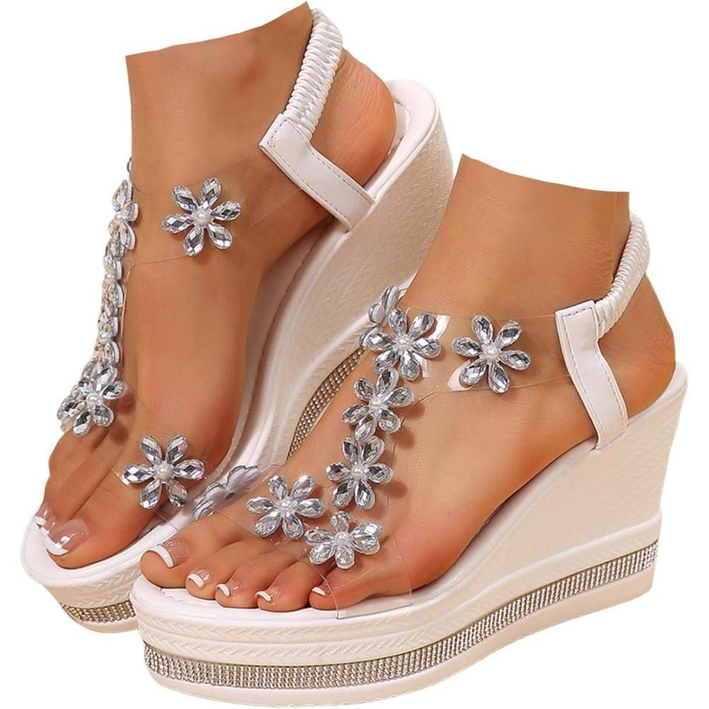 imageSandales plateforme pour femme avec talon compens Sandales avec papillon et strass lgantes Sandales dt lastiquesX3 Blanc