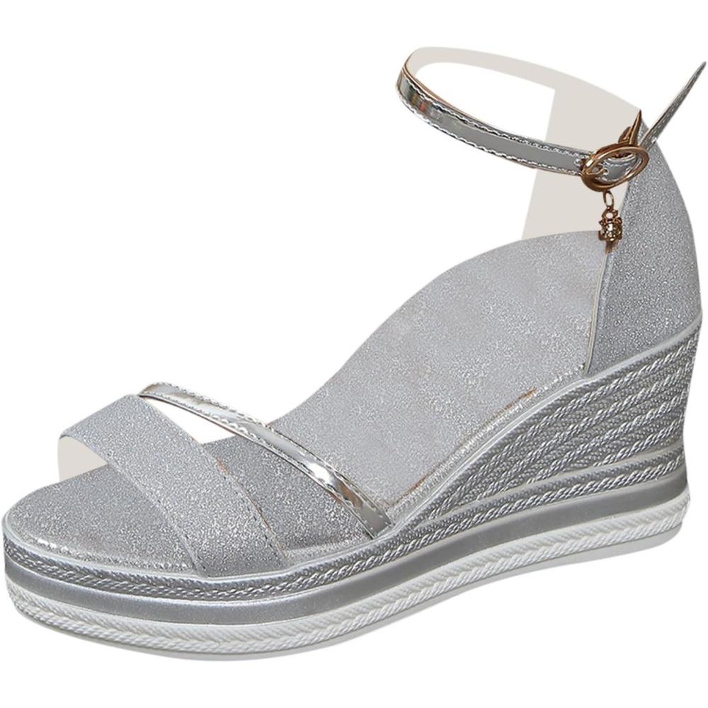 imageSandales talon compens confortables pour femme Sandales compenses pour femme Semelle plate Lgres Avec lanires fermes Chaussures de plage Sandales lanires Talon dcontractArgent