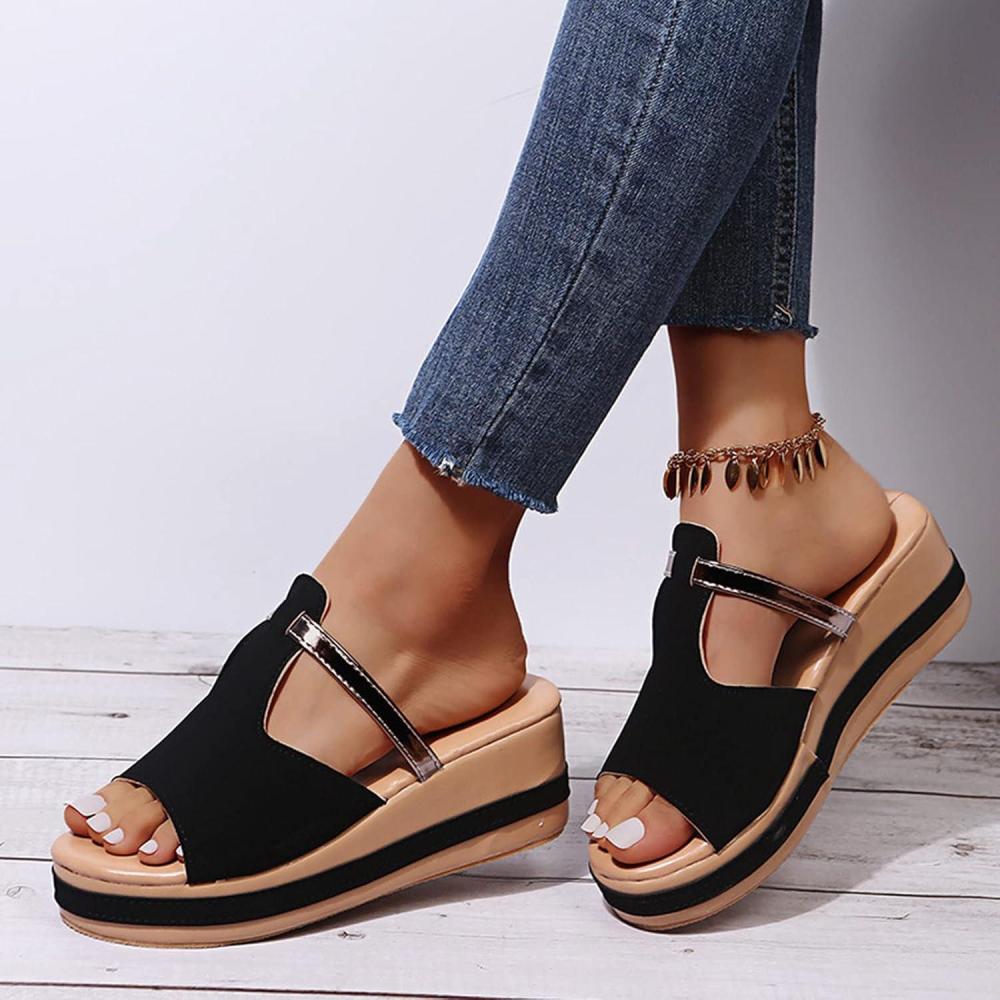 imageSandales Compenses Plateforme pour Femmes Mules Dt Bout Ouvert Dames Fond pais Dcontract Slip on Slide Pantoufles Confortables Chaussures de Plage MocassinsdorUS7EU38Black Noir