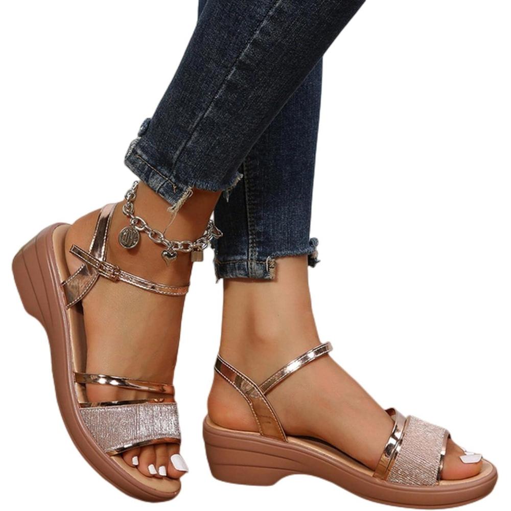 imageSandales dt Compenses de Grande Taille pour Femmes Talons PlateForme DoreDor