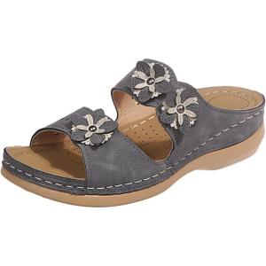 2025 Sandales Orthopédiques pour Femmes Mules en Cuir Bohême Bout Ouvert Plateforme Pantoufles Compensées Pas Cher Chaussons D&rsquo;été Confortables Respirantes Sandales Vintage Mode Chaussures de Plage(A05 Gris Foncé)