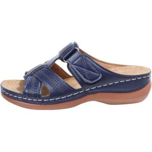 2025 Sandales Orthopédiques pour Femmes Mules en Cuir Bohême Bout Ouvert Plateforme Pantoufles Compensées Pas Cher Chaussons D&rsquo;été Confortables Respirantes Sandales Vintage Mode Chaussures de Plage(A01 Bleu Foncé)